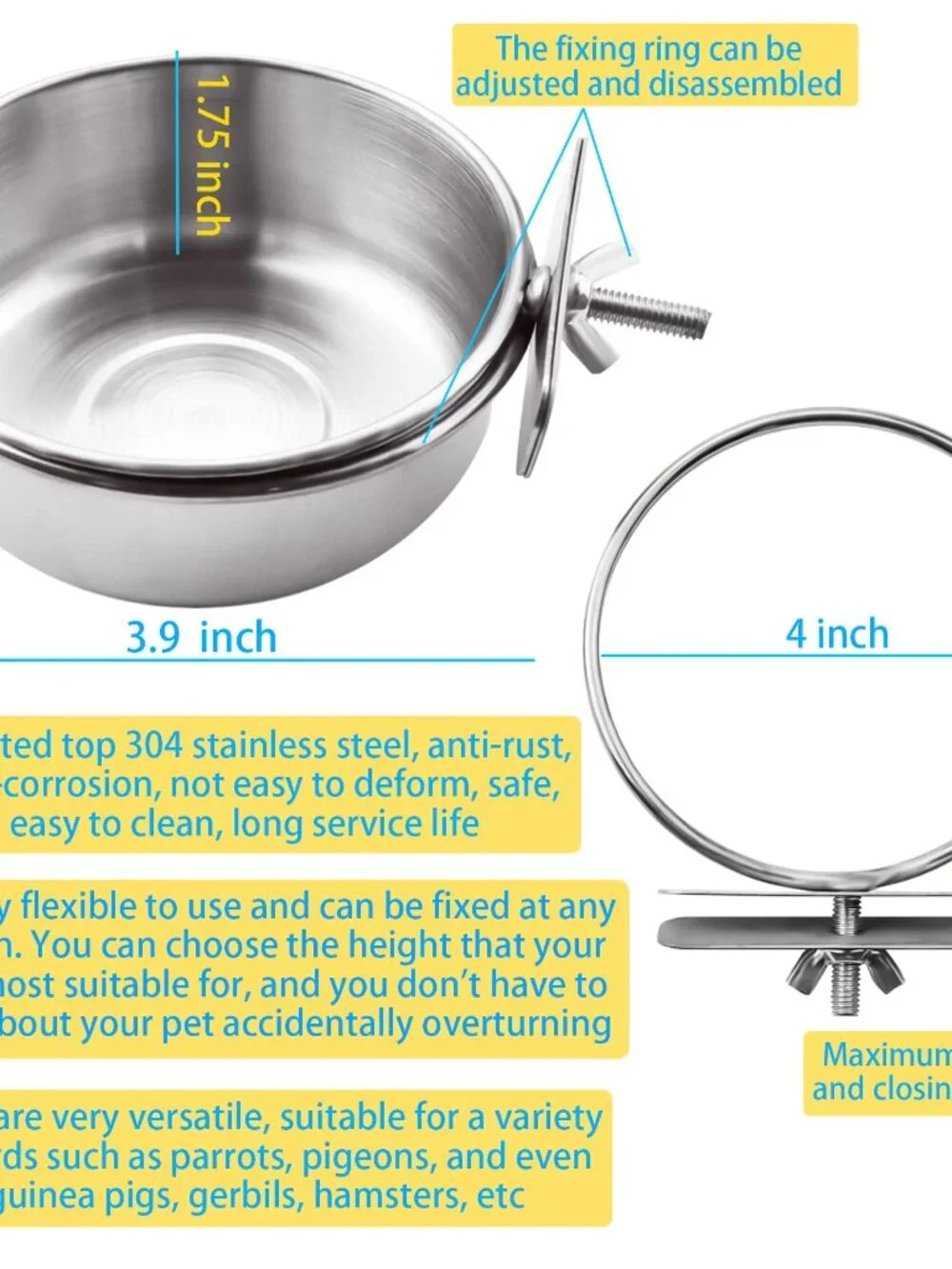3 Pack Bird Feeding Bowls Cups Parrot Food Water Dishes, Stainless Steel Bird Bo